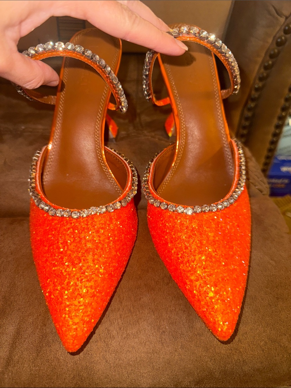 Vertundy Orange Glitter Pointed Toe Slingback Heels with Crystal Trim New Size 9 - Picture 3 of 7